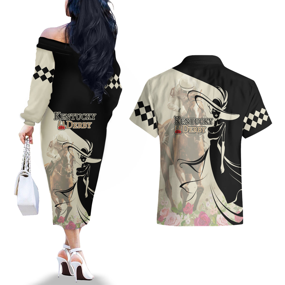 Kentucky Racing Horses Derby Hat Girl Couples Matching Off The Shoulder Long Sleeve Dress and Hawaiian Shirt Beige Color - Wonder Print Shop