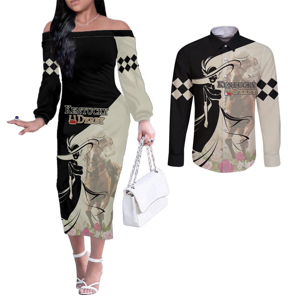 Kentucky Racing Horses Derby Hat Girl Couples Matching Off The Shoulder Long Sleeve Dress and Long Sleeve Button Shirt Beige Color