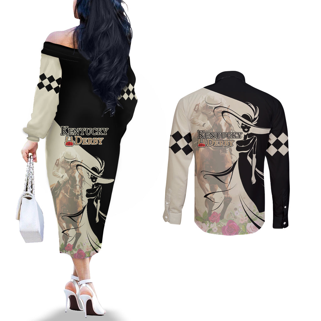 Kentucky Racing Horses Derby Hat Girl Couples Matching Off The Shoulder Long Sleeve Dress and Long Sleeve Button Shirt Beige Color