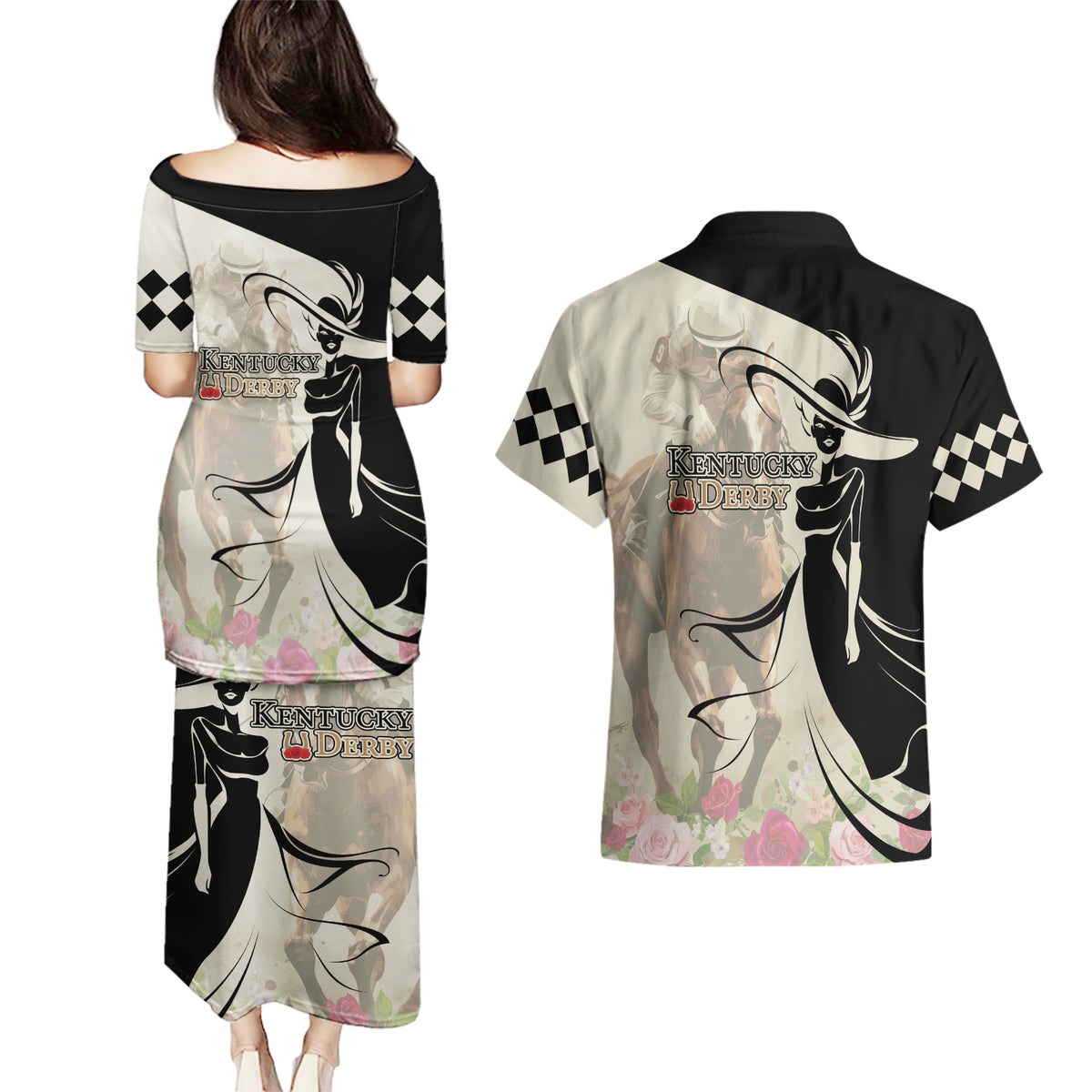 Kentucky Racing Horses Derby Hat Girl Couples Matching Puletasi and Hawaiian Shirt Beige Color - Wonder Print Shop