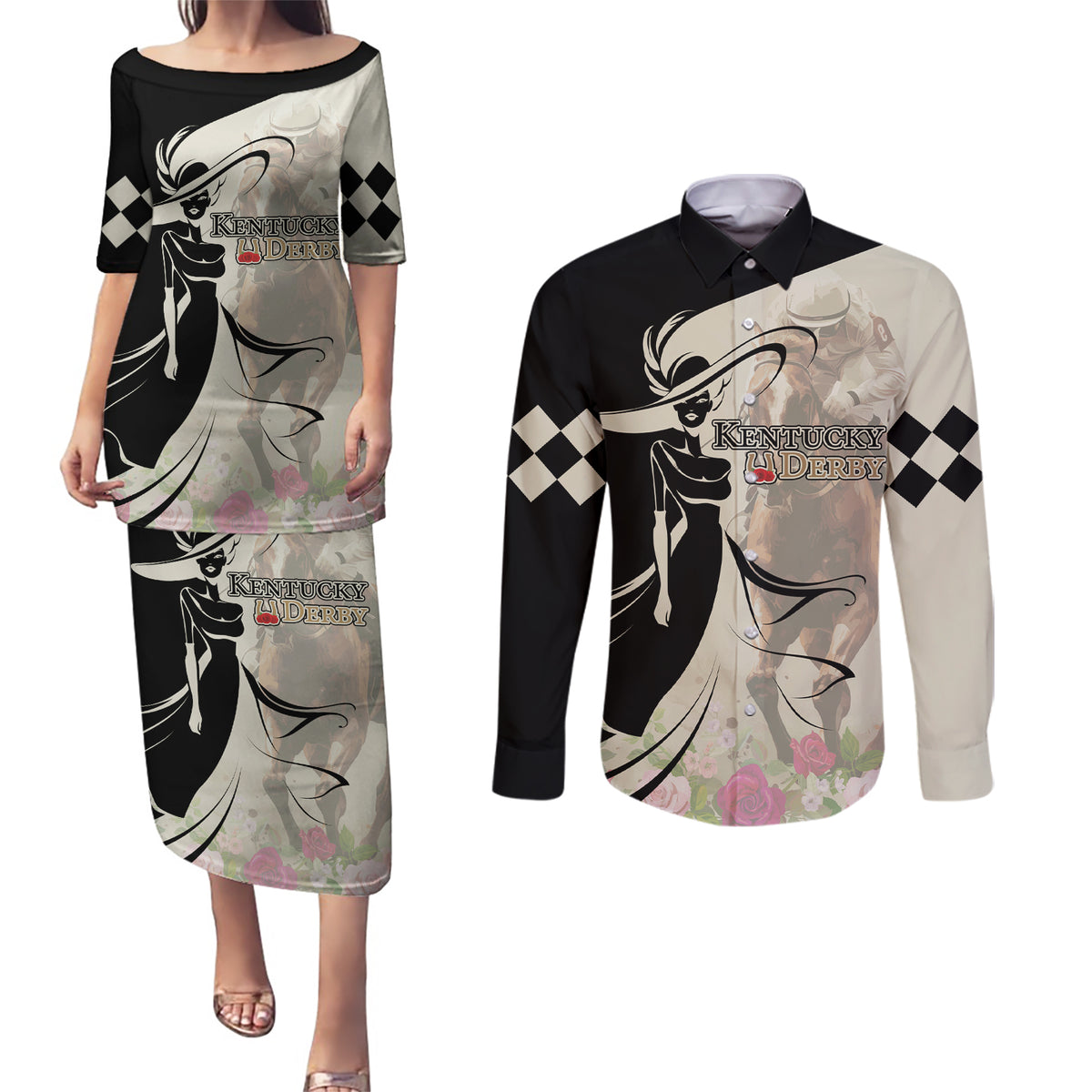 Kentucky Racing Horses Derby Hat Girl Couples Matching Puletasi and Long Sleeve Button Shirt Beige Color - Wonder Print Shop