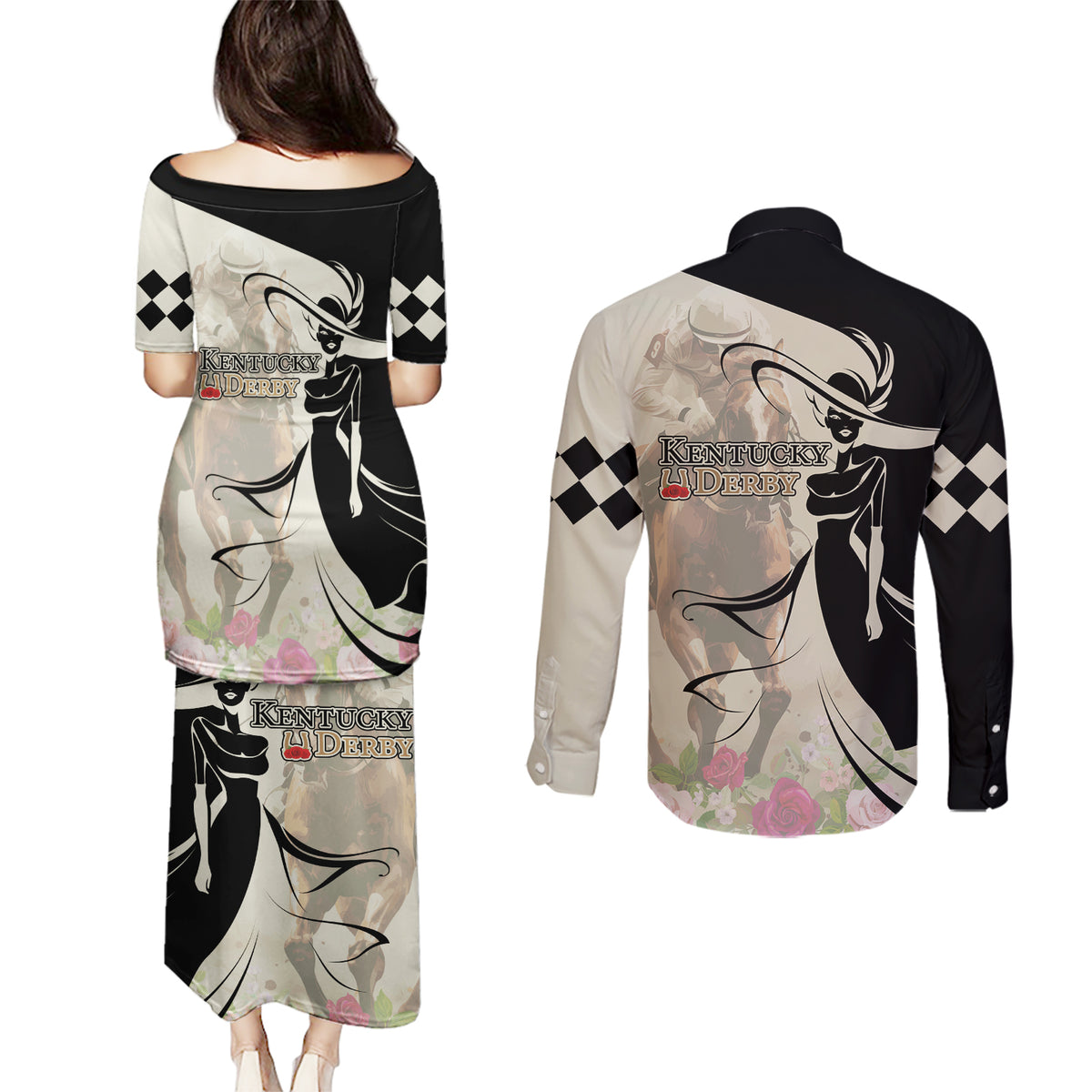 Kentucky Racing Horses Derby Hat Girl Couples Matching Puletasi and Long Sleeve Button Shirt Beige Color - Wonder Print Shop