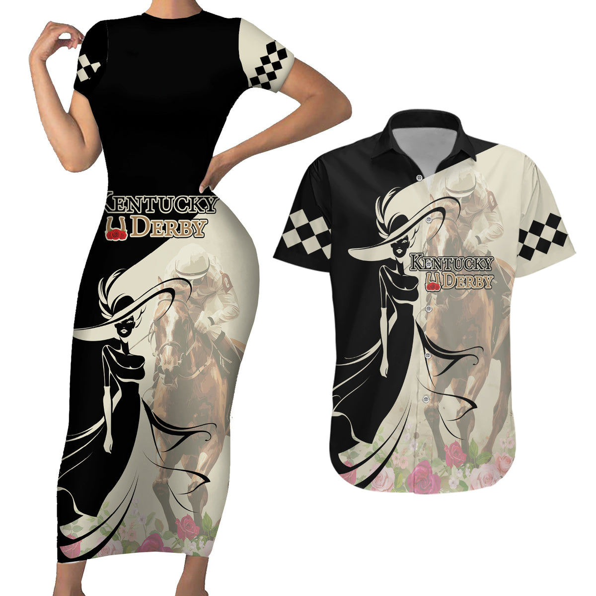 Kentucky Racing Horses Derby Hat Girl Couples Matching Short Sleeve Bodycon Dress and Hawaiian Shirt Beige Color - Wonder Print Shop