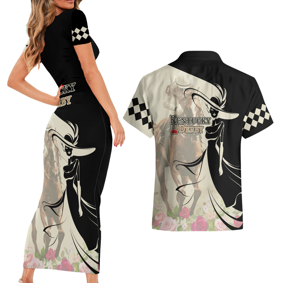 Kentucky Racing Horses Derby Hat Girl Couples Matching Short Sleeve Bodycon Dress and Hawaiian Shirt Beige Color - Wonder Print Shop
