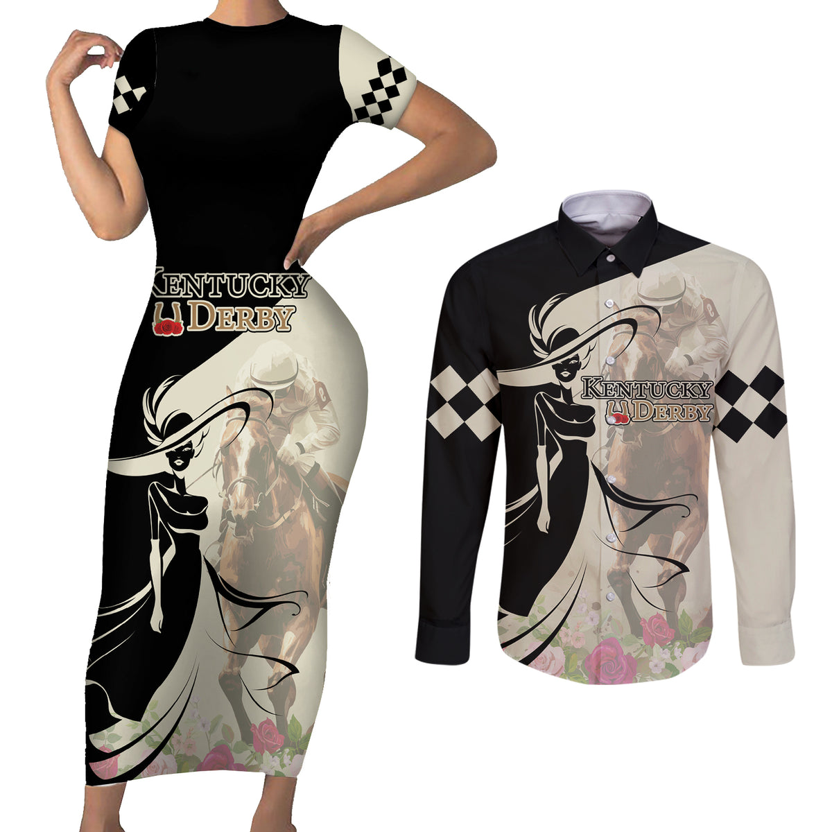Kentucky Racing Horses Derby Hat Girl Couples Matching Short Sleeve Bodycon Dress and Long Sleeve Button Shirt Beige Color - Wonder Print Shop