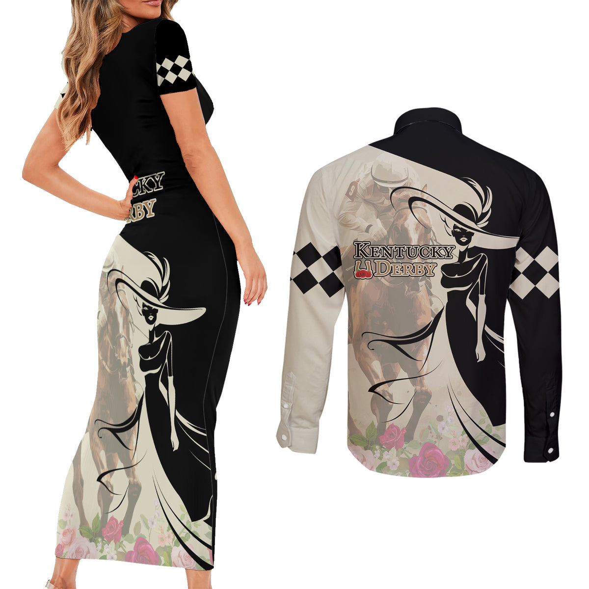 Kentucky Racing Horses Derby Hat Girl Couples Matching Short Sleeve Bodycon Dress and Long Sleeve Button Shirt Beige Color - Wonder Print Shop