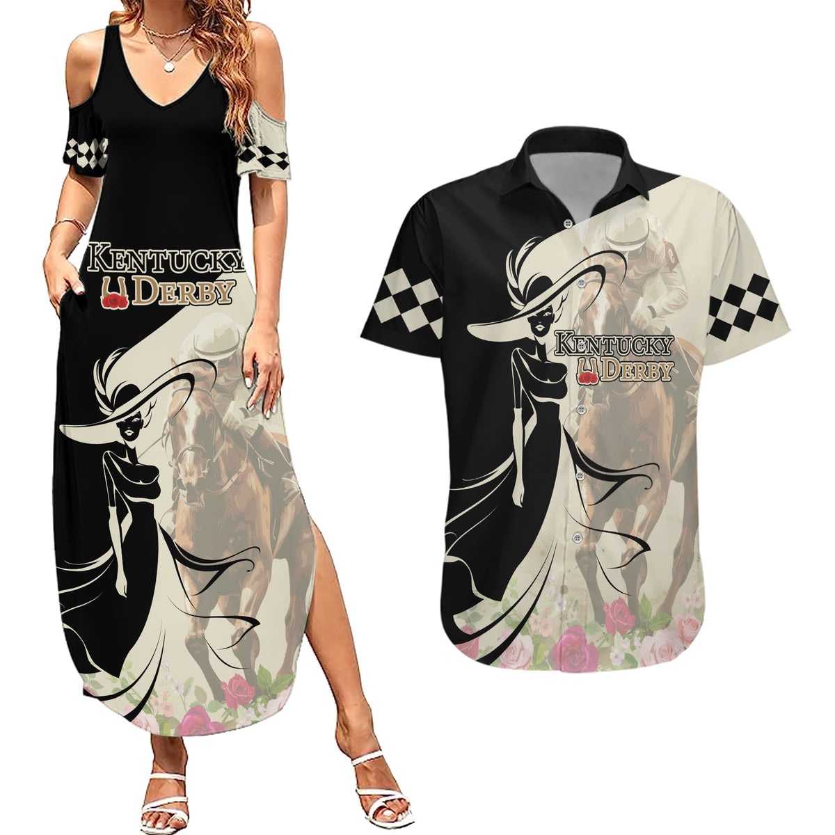 Kentucky Racing Horses Derby Hat Girl Couples Matching Summer Maxi Dress and Hawaiian Shirt Beige Color - Wonder Print Shop