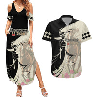 Kentucky Racing Horses Derby Hat Girl Couples Matching Summer Maxi Dress and Hawaiian Shirt Beige Color - Wonder Print Shop