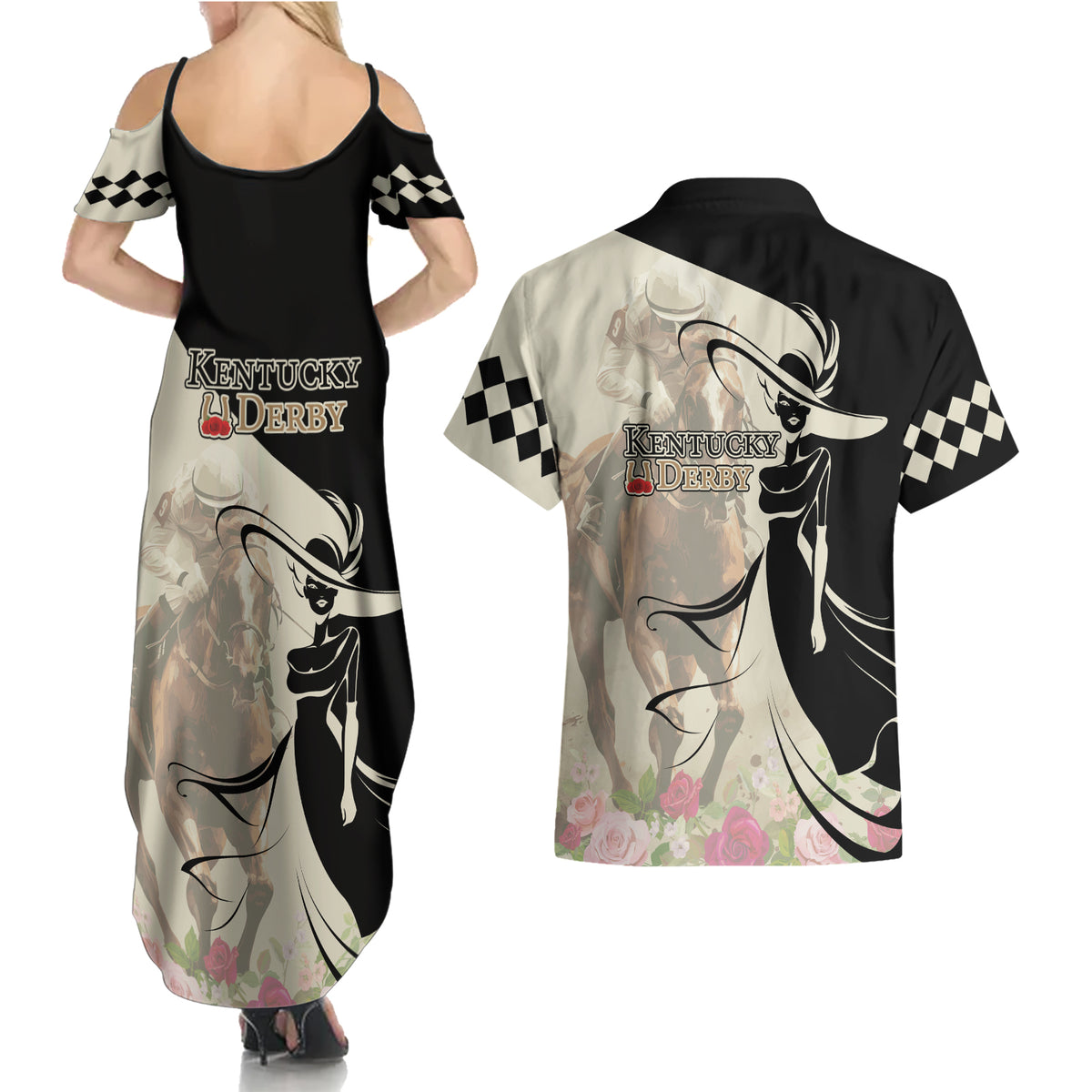 Kentucky Racing Horses Derby Hat Girl Couples Matching Summer Maxi Dress and Hawaiian Shirt Beige Color - Wonder Print Shop