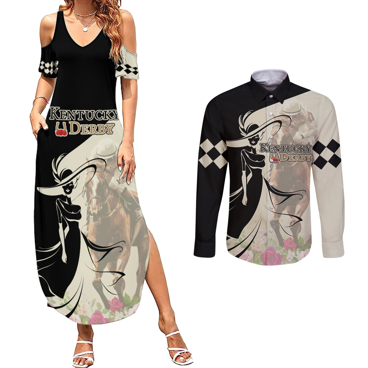 Kentucky Racing Horses Derby Hat Girl Couples Matching Summer Maxi Dress and Long Sleeve Button Shirt Beige Color - Wonder Print Shop