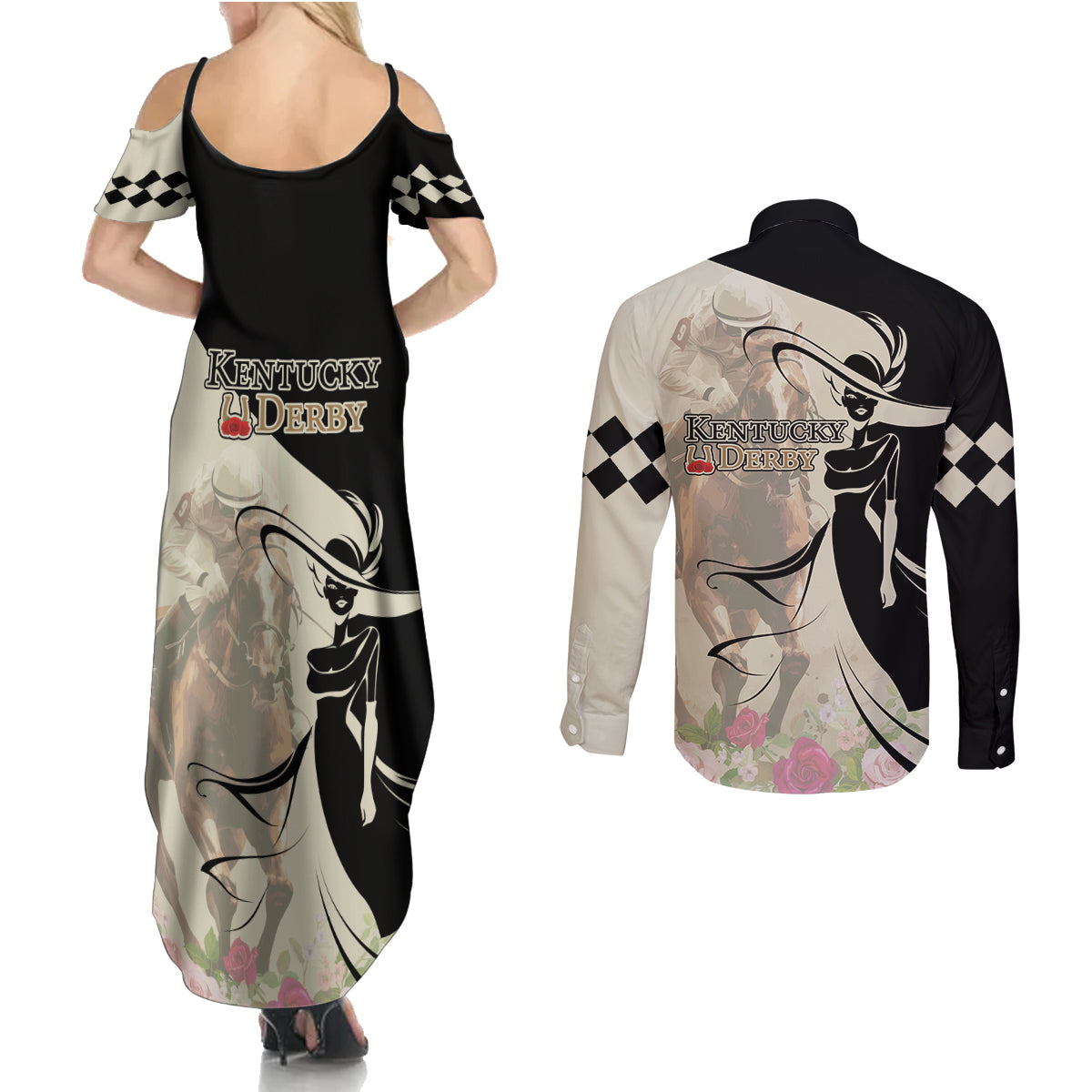 Kentucky Racing Horses Derby Hat Girl Couples Matching Summer Maxi Dress and Long Sleeve Button Shirt Beige Color - Wonder Print Shop