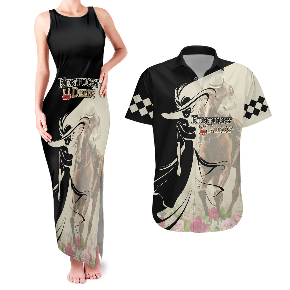Kentucky Racing Horses Derby Hat Girl Couples Matching Tank Maxi Dress and Hawaiian Shirt Beige Color - Wonder Print Shop