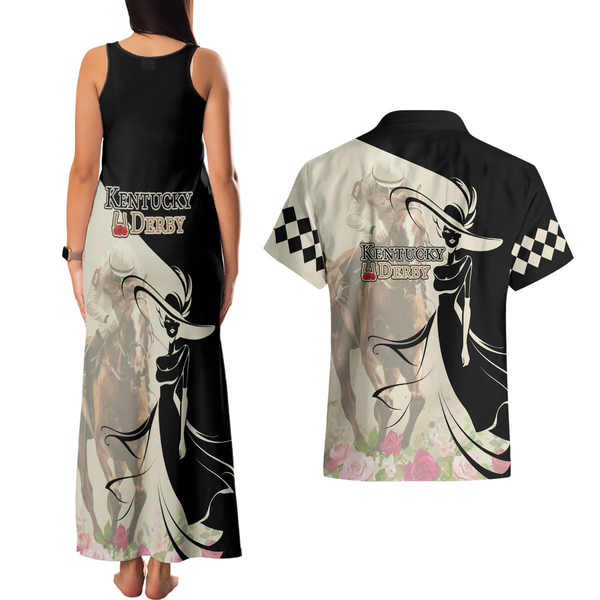 Kentucky Racing Horses Derby Hat Girl Couples Matching Tank Maxi Dress and Hawaiian Shirt Beige Color - Wonder Print Shop