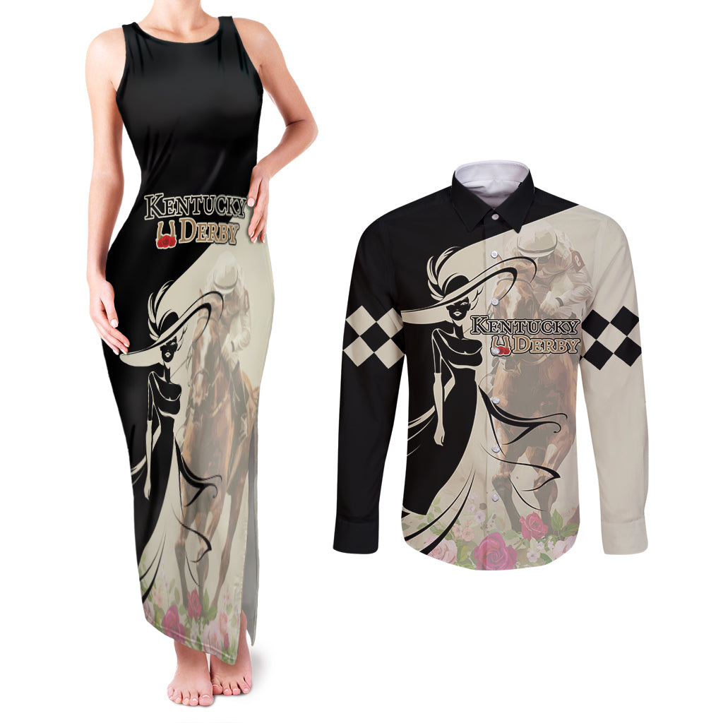 Kentucky Racing Horses Derby Hat Girl Couples Matching Tank Maxi Dress and Long Sleeve Button Shirt Beige Color - Wonder Print Shop