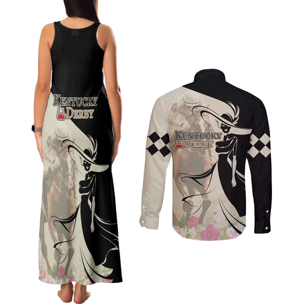 Kentucky Racing Horses Derby Hat Girl Couples Matching Tank Maxi Dress and Long Sleeve Button Shirt Beige Color - Wonder Print Shop