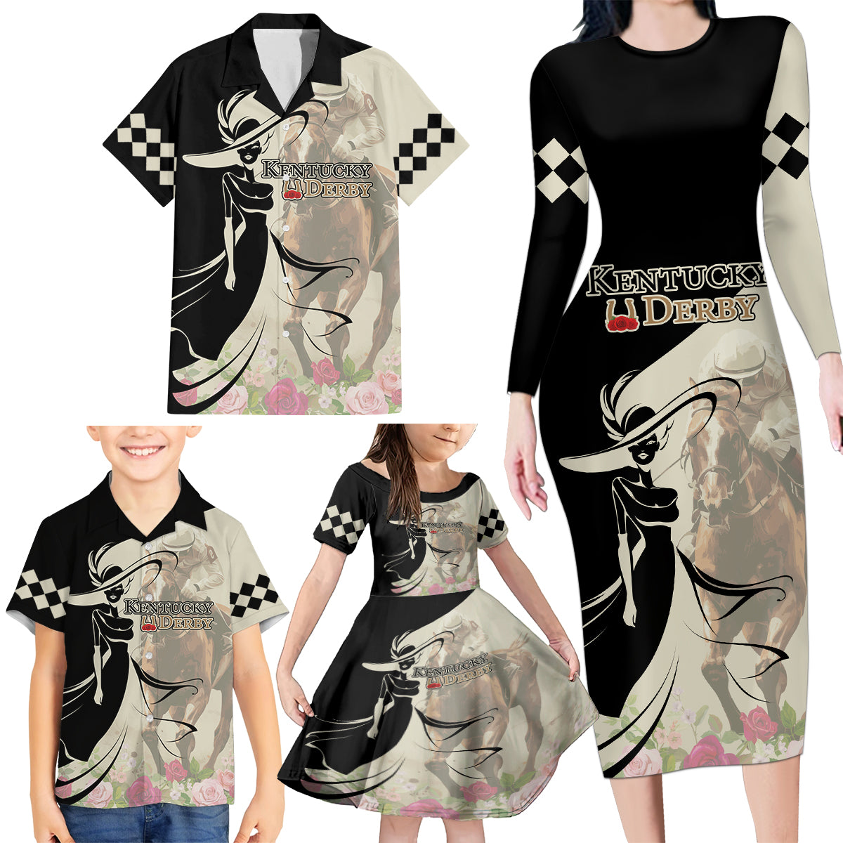 Kentucky Racing Horses Derby Hat Girl Family Matching Long Sleeve Bodycon Dress and Hawaiian Shirt Beige Color - Wonder Print Shop