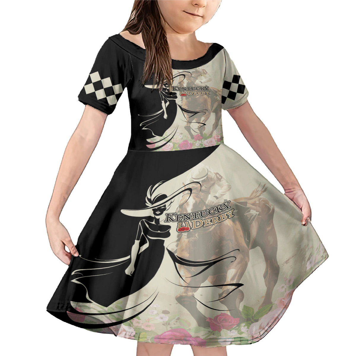 Kentucky Racing Horses Derby Hat Girl Family Matching Mermaid Dress and Hawaiian Shirt Beige Color - Wonder Print Shop