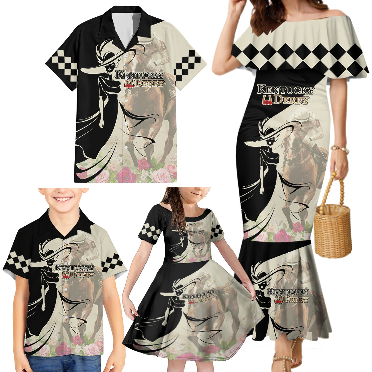 Kentucky Racing Horses Derby Hat Girl Family Matching Mermaid Dress and Hawaiian Shirt Beige Color - Wonder Print Shop