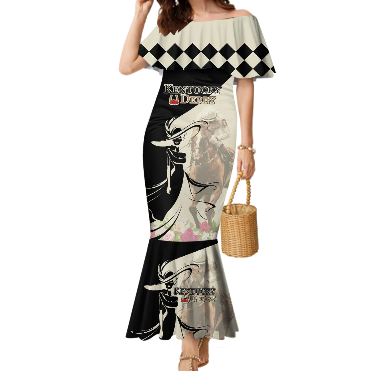 Kentucky Racing Horses Derby Hat Girl Family Matching Mermaid Dress and Hawaiian Shirt Beige Color - Wonder Print Shop
