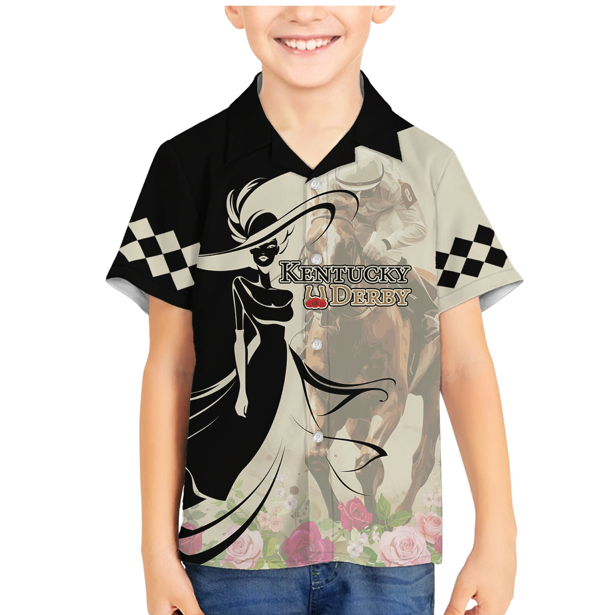 Kentucky Racing Horses Derby Hat Girl Family Matching Mermaid Dress and Hawaiian Shirt Beige Color - Wonder Print Shop