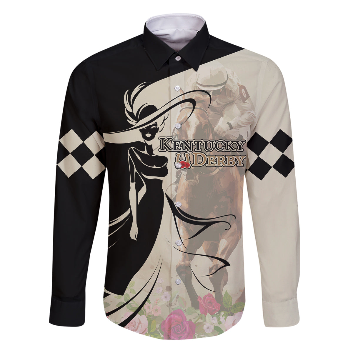 Kentucky Racing Horses Derby Hat Girl Family Matching Off The Shoulder Long Sleeve Dress and Hawaiian Shirt Beige Color - Wonder Print Shop