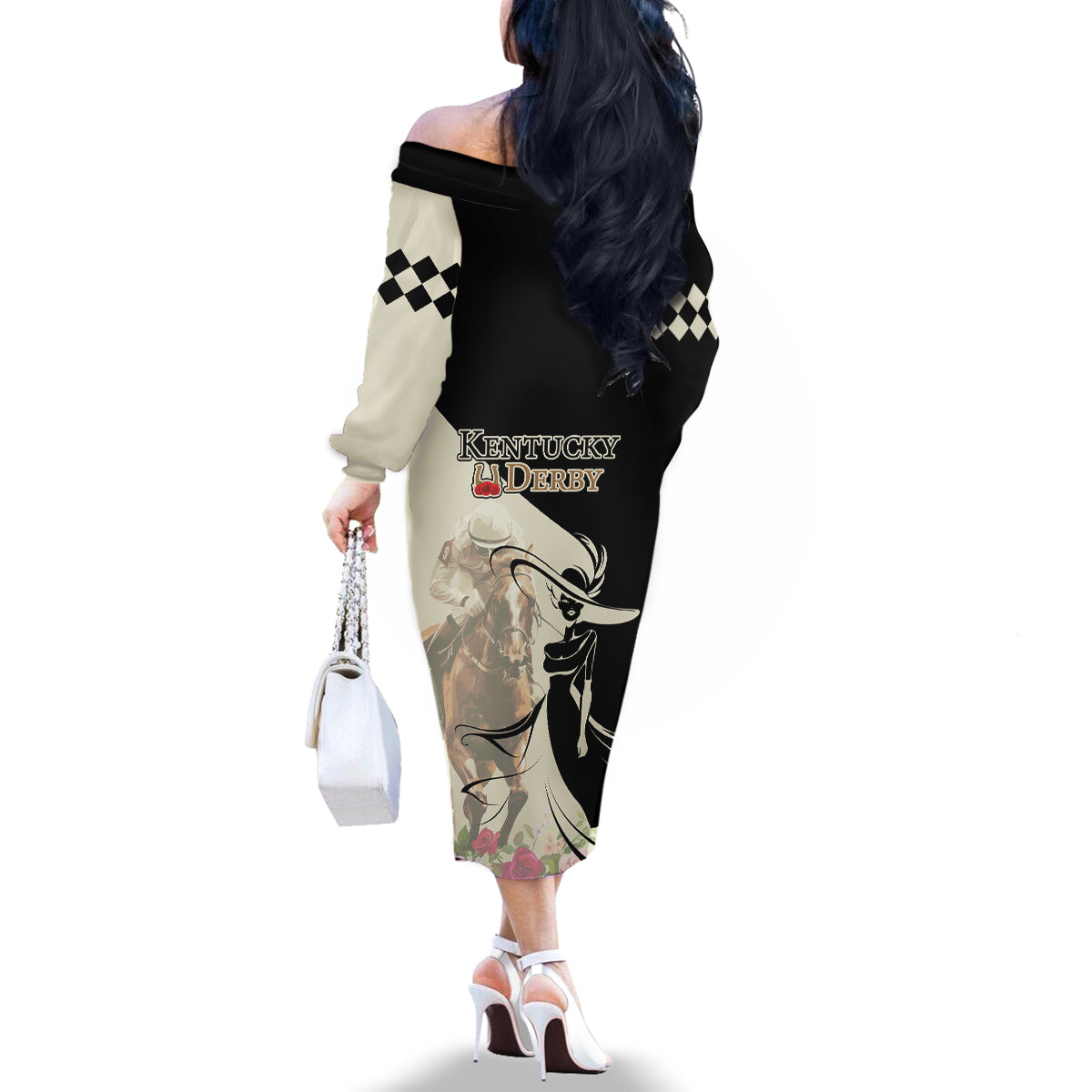 Kentucky Racing Horses Derby Hat Girl Family Matching Off The Shoulder Long Sleeve Dress and Hawaiian Shirt Beige Color - Wonder Print Shop