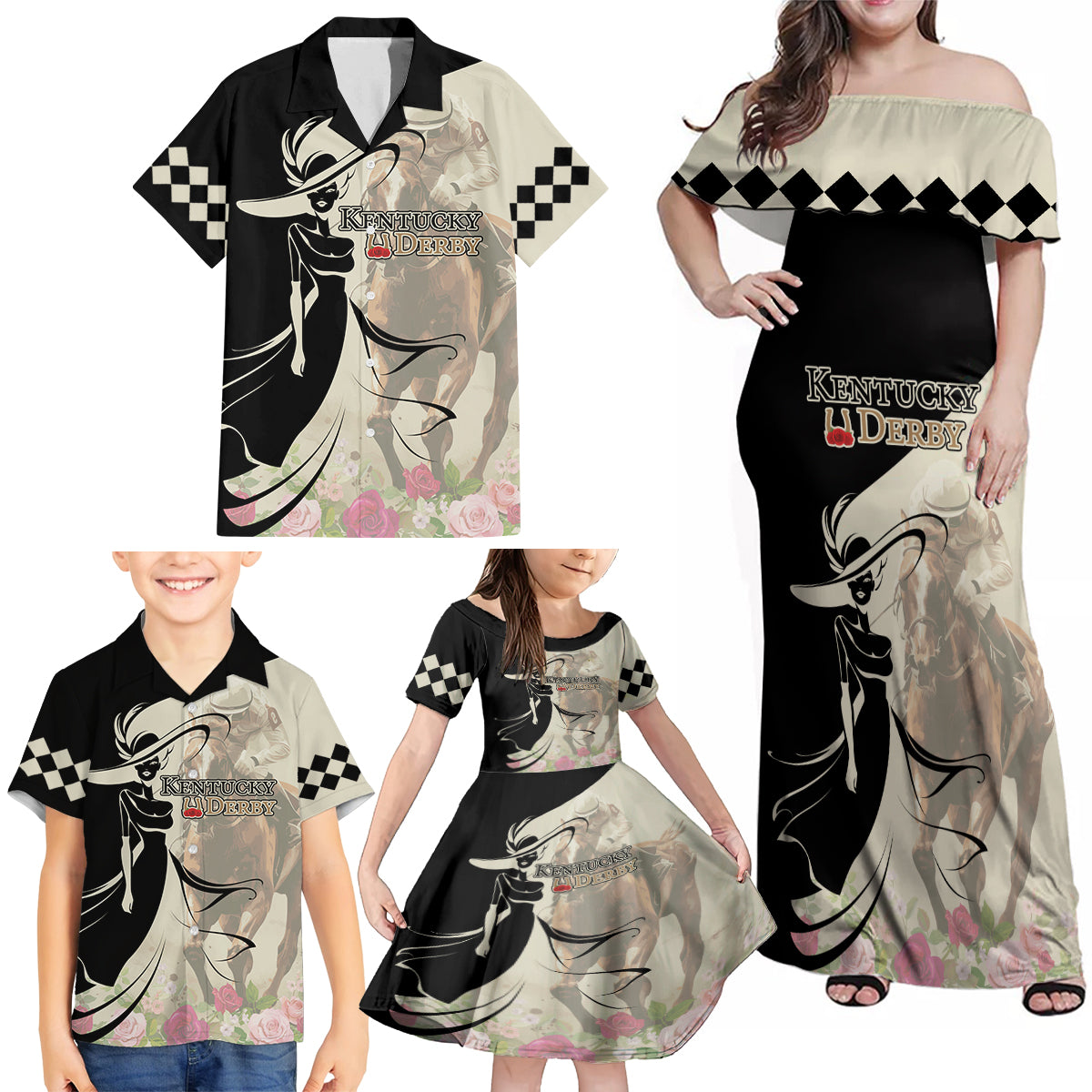 Kentucky Racing Horses Derby Hat Girl Family Matching Off Shoulder Maxi Dress and Hawaiian Shirt Beige Color - Wonder Print Shop