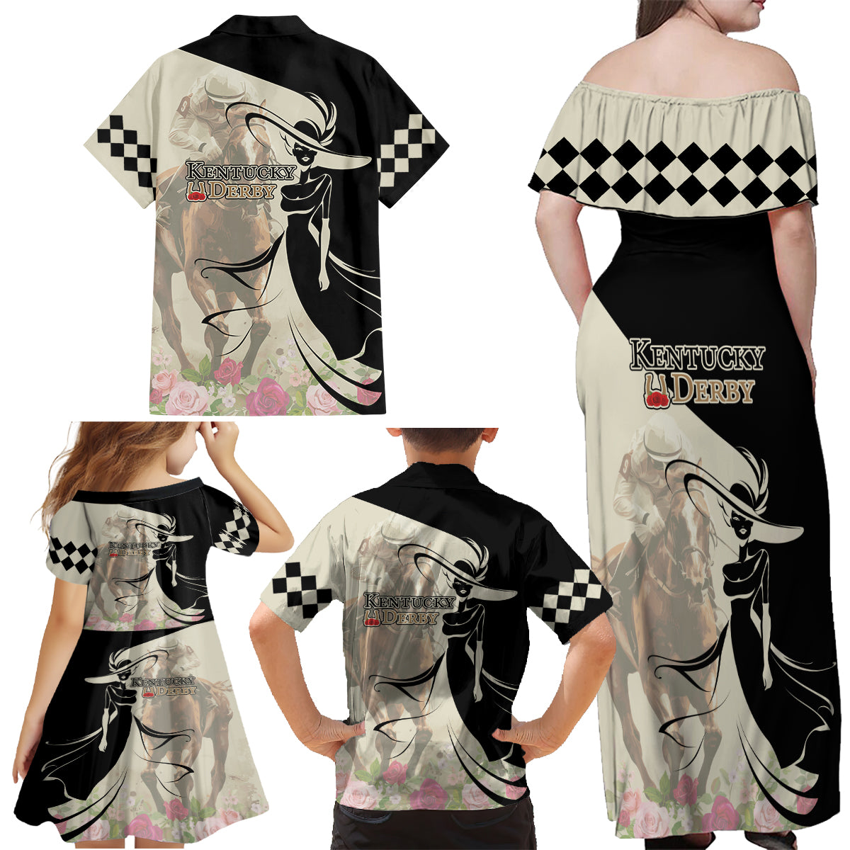 Kentucky Racing Horses Derby Hat Girl Family Matching Off Shoulder Maxi Dress and Hawaiian Shirt Beige Color - Wonder Print Shop