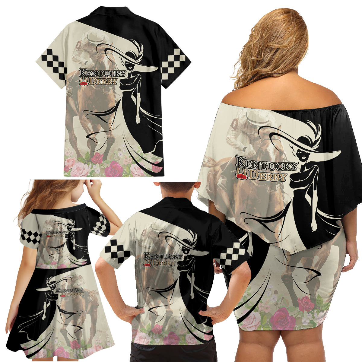 Kentucky Racing Horses Derby Hat Girl Family Matching Off Shoulder Short Dress and Hawaiian Shirt Beige Color - Wonder Print Shop