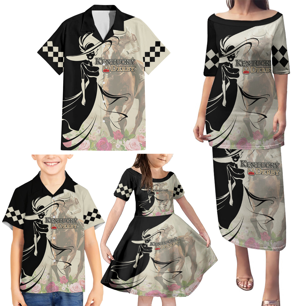 Kentucky Racing Horses Derby Hat Girl Family Matching Puletasi and Hawaiian Shirt Beige Color - Wonder Print Shop