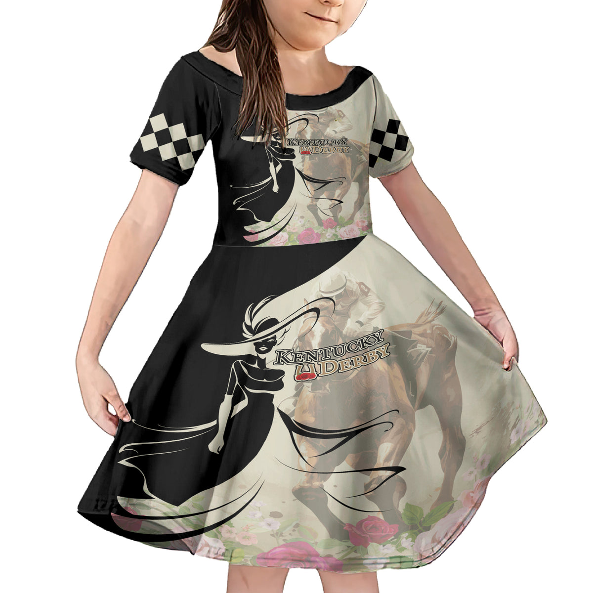Kentucky Racing Horses Derby Hat Girl Family Matching Short Sleeve Bodycon Dress and Hawaiian Shirt Beige Color - Wonder Print Shop