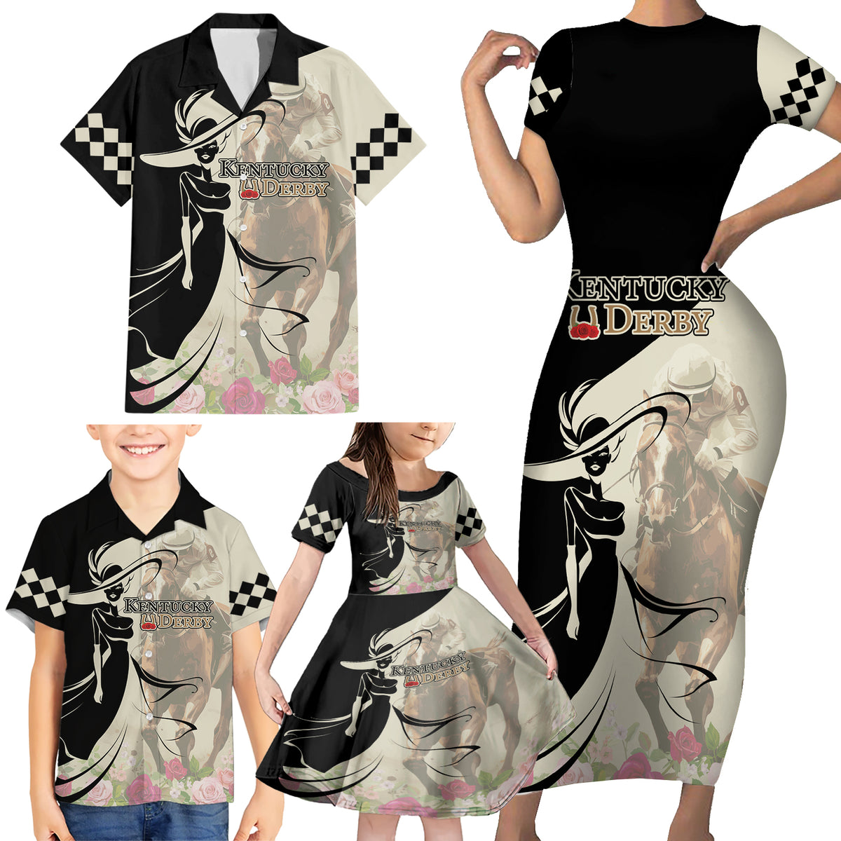 Kentucky Racing Horses Derby Hat Girl Family Matching Short Sleeve Bodycon Dress and Hawaiian Shirt Beige Color - Wonder Print Shop