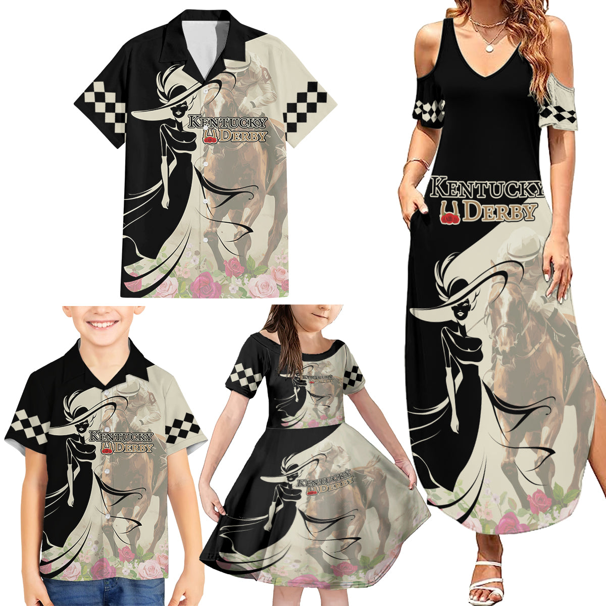 Kentucky Racing Horses Derby Hat Girl Family Matching Summer Maxi Dress and Hawaiian Shirt Beige Color - Wonder Print Shop