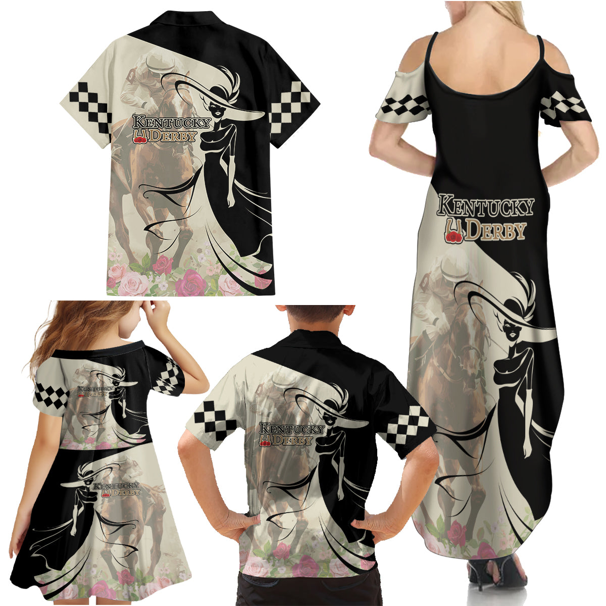Kentucky Racing Horses Derby Hat Girl Family Matching Summer Maxi Dress and Hawaiian Shirt Beige Color - Wonder Print Shop