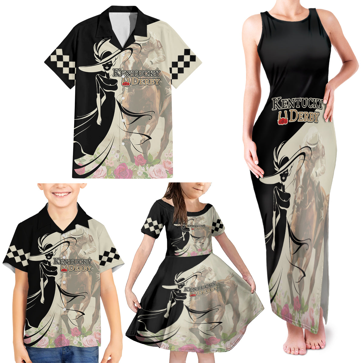 Kentucky Racing Horses Derby Hat Girl Family Matching Tank Maxi Dress and Hawaiian Shirt Beige Color - Wonder Print Shop