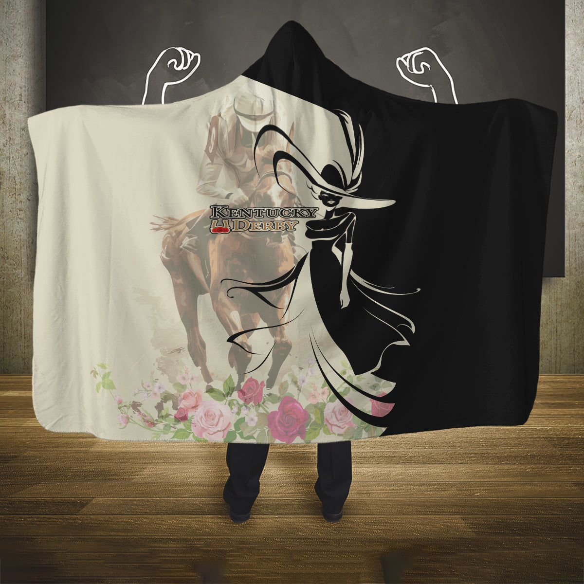 Kentucky Racing Horses Derby Hat Girl Hooded Blanket Beige Color