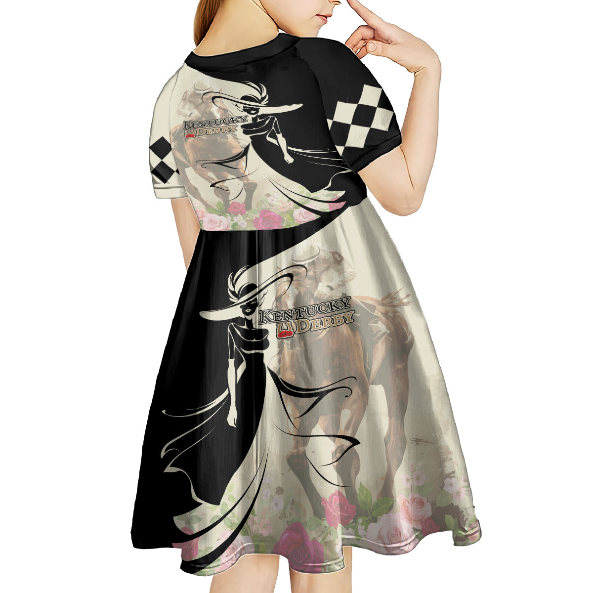 Kentucky Racing Horses Derby Hat Girl Kid Short Sleeve Dress Beige Color - Wonder Print Shop