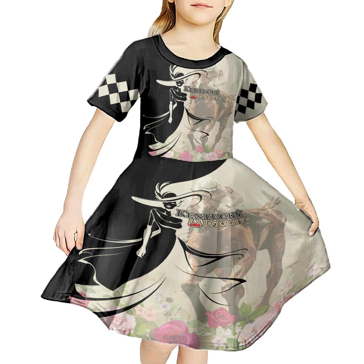 Kentucky Racing Horses Derby Hat Girl Kid Short Sleeve Dress Beige Color - Wonder Print Shop
