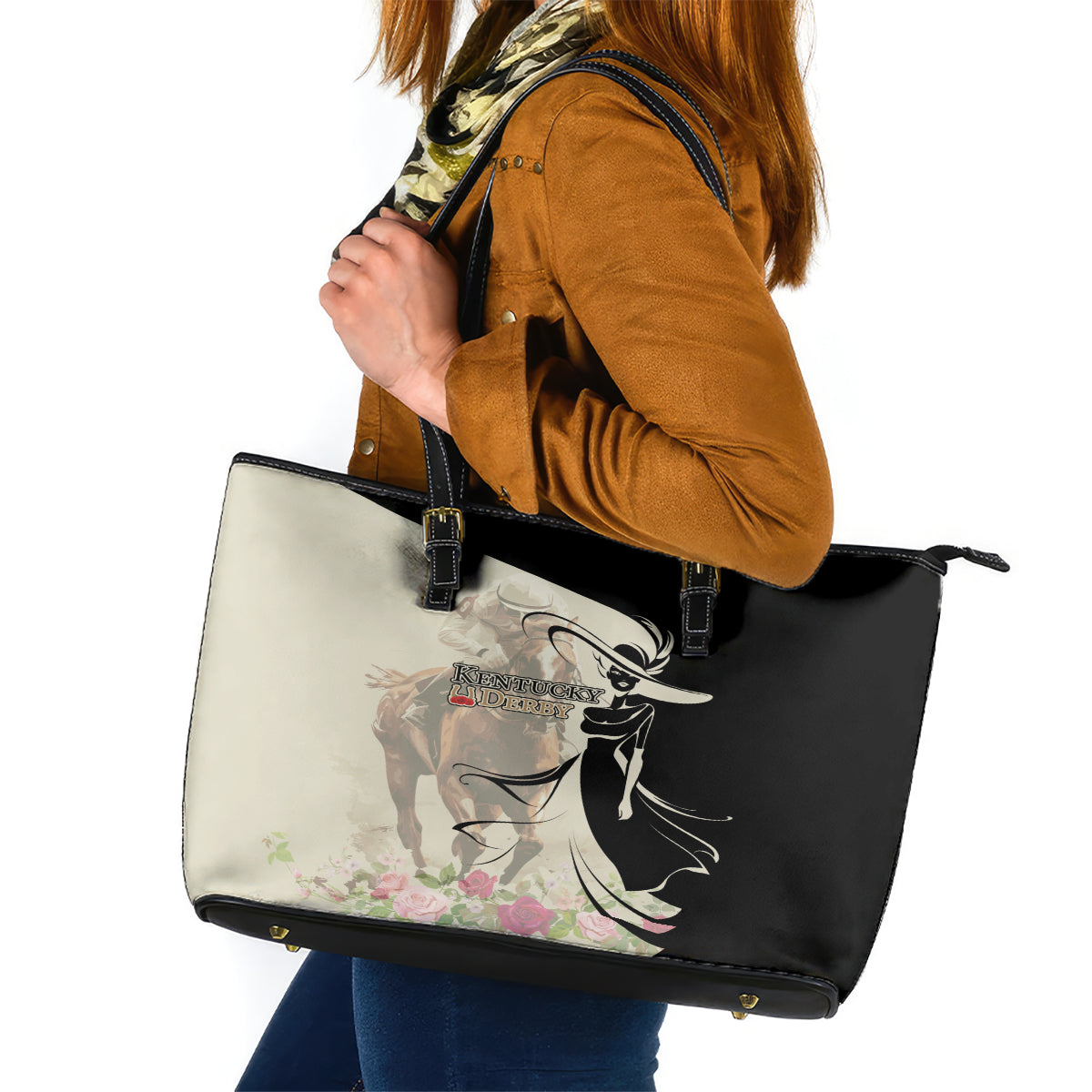 Kentucky Racing Horses Derby Hat Girl Leather Tote Bag Beige Color - Wonder Print Shop