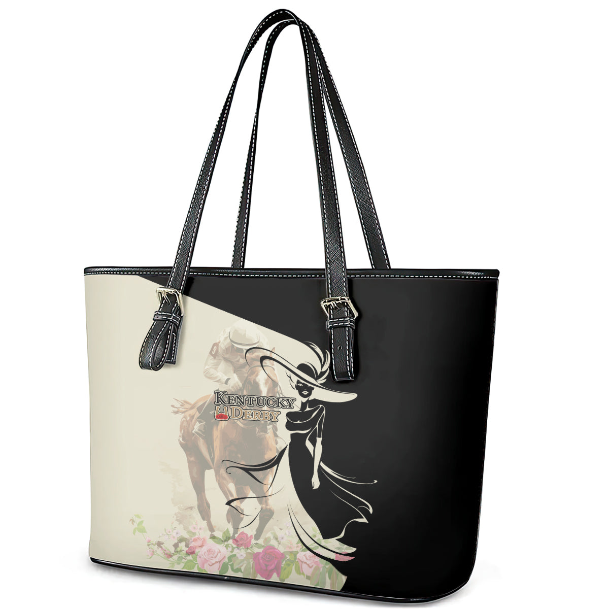 Kentucky Racing Horses Derby Hat Girl Leather Tote Bag Beige Color - Wonder Print Shop