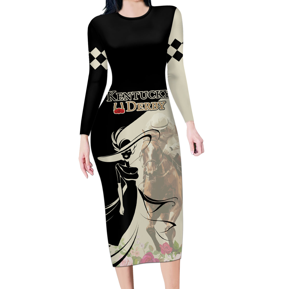 Kentucky Racing Horses Derby Hat Girl Long Sleeve Bodycon Dress Beige Color - Wonder Print Shop