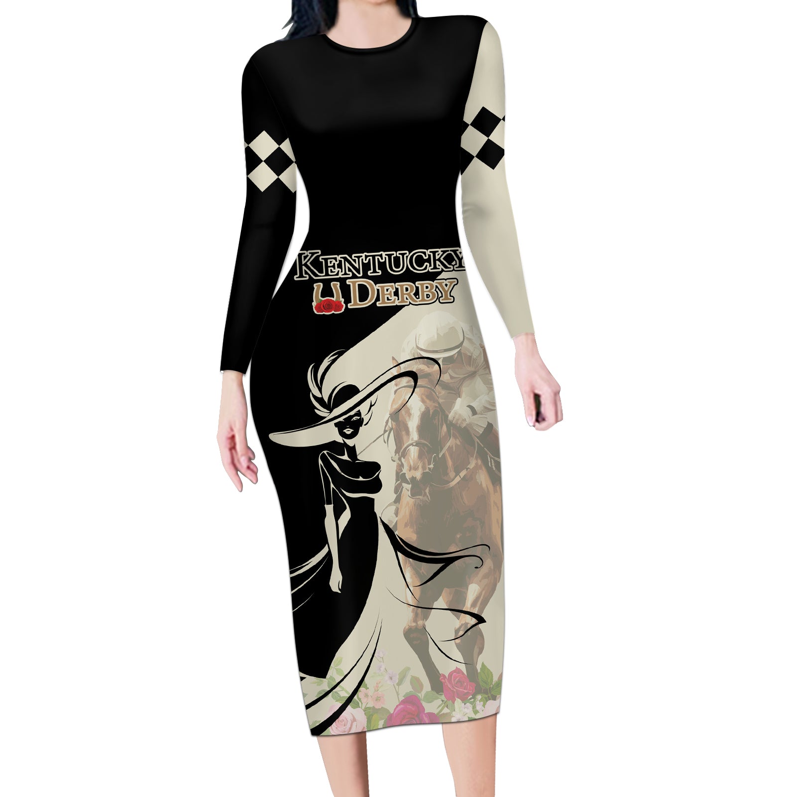 Kentucky Racing Horses Derby Hat Girl Long Sleeve Bodycon Dress Beige Color - Wonder Print Shop