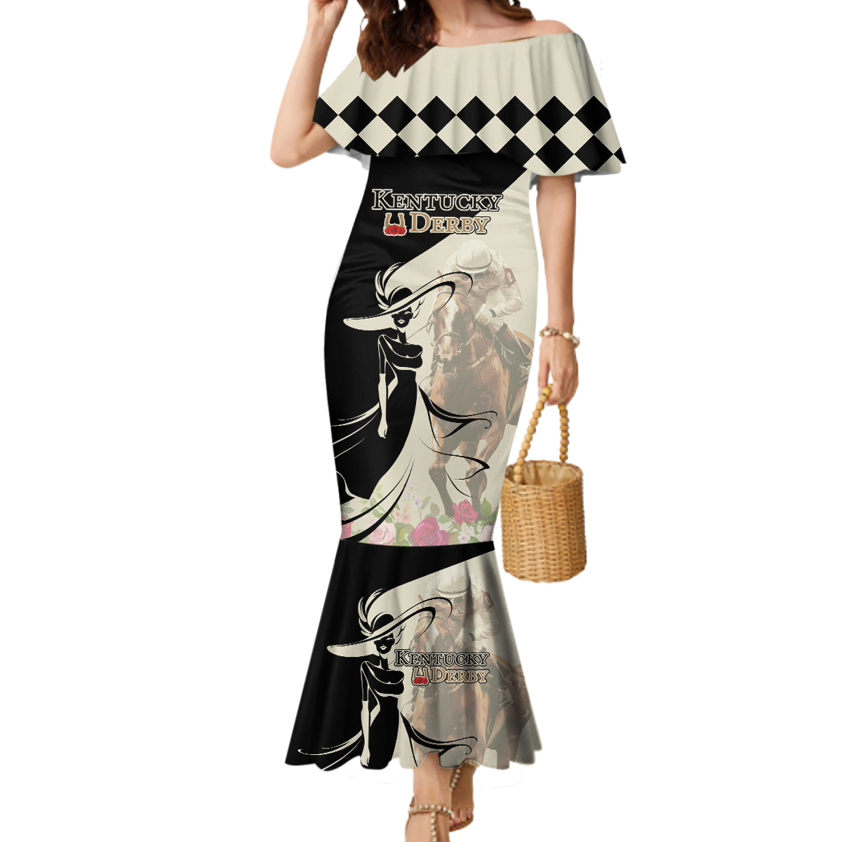 Kentucky Racing Horses Derby Hat Girl Mermaid Dress Beige Color - Wonder Print Shop