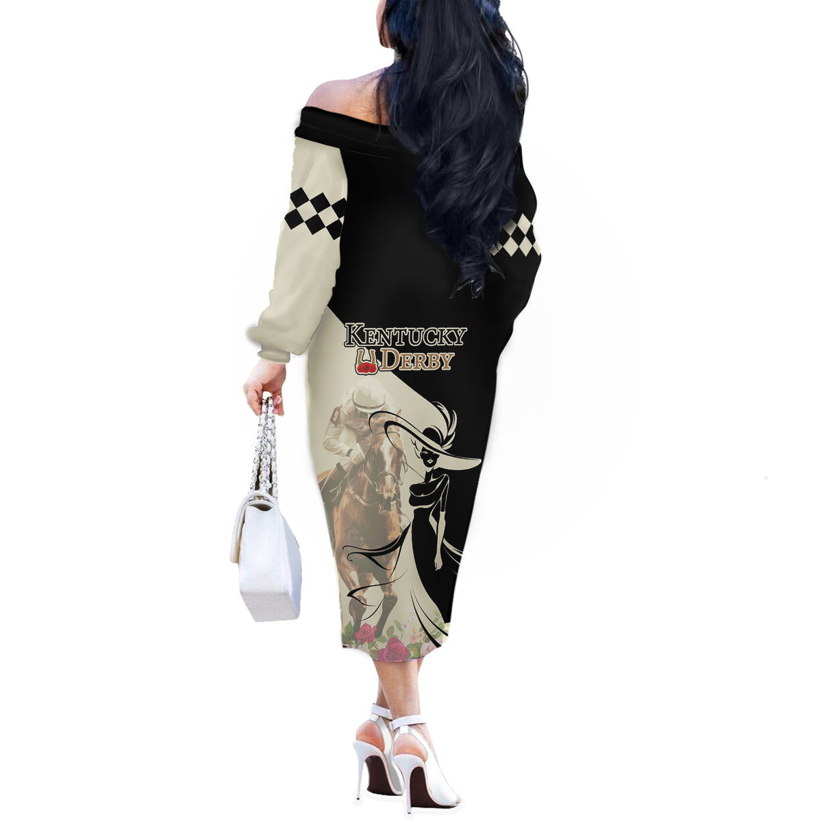 Kentucky Racing Horses Derby Hat Girl Off The Shoulder Long Sleeve Dress Beige Color - Wonder Print Shop