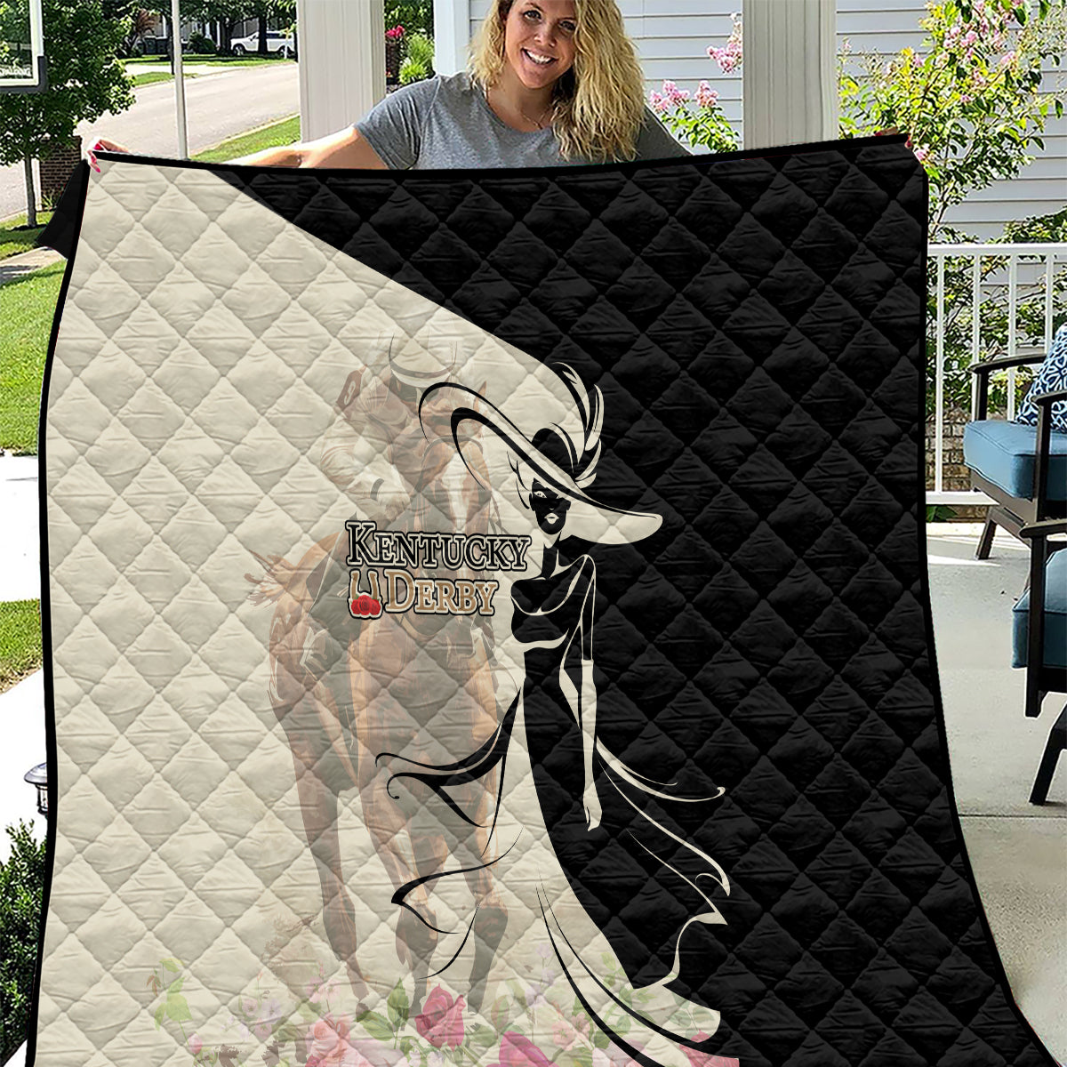 Kentucky Racing Horses Derby Hat Girl Quilt Beige Color - Wonder Print Shop