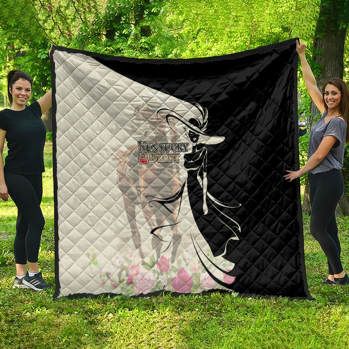 Kentucky Racing Horses Derby Hat Girl Quilt Beige Color - Wonder Print Shop
