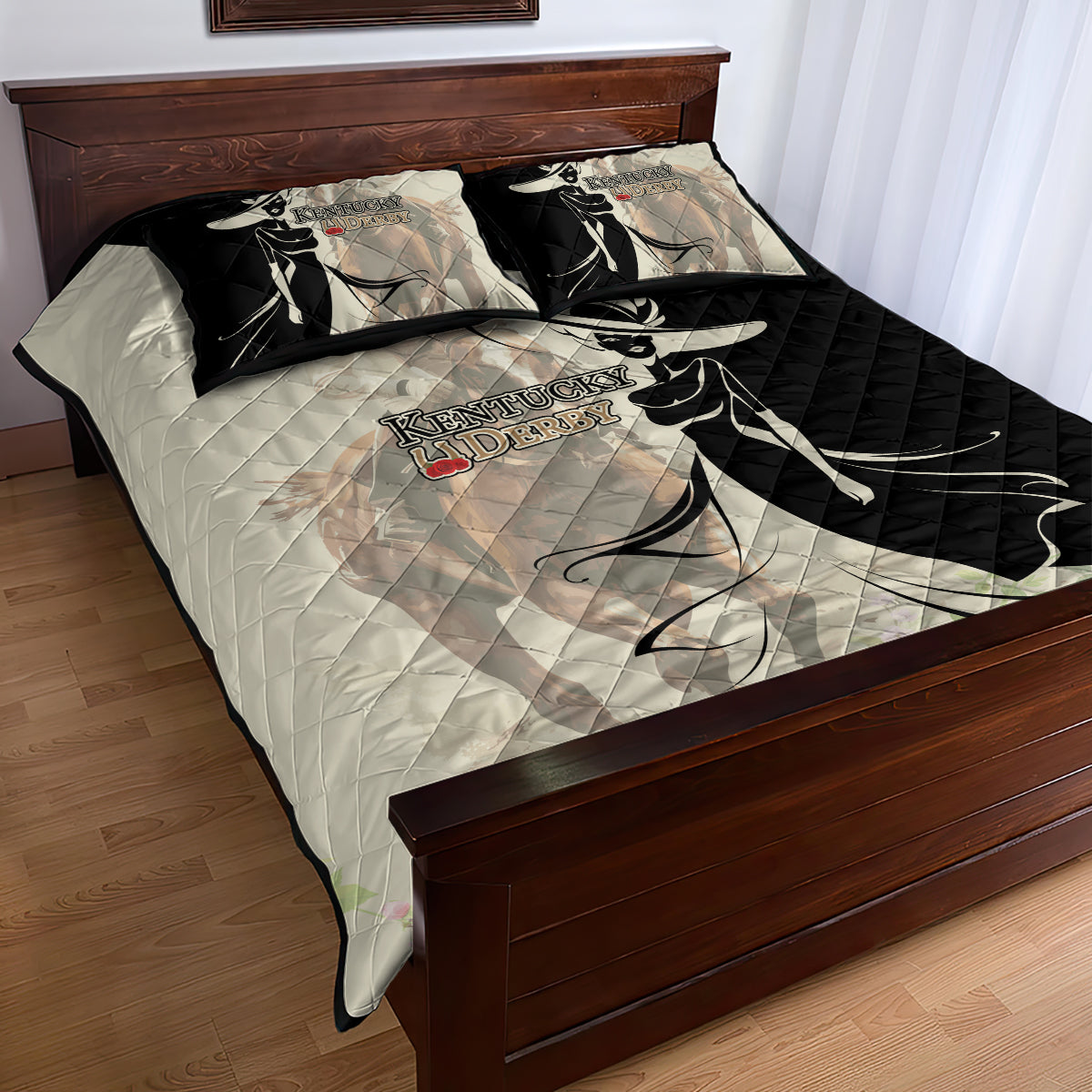 Kentucky Racing Horses Derby Hat Girl Quilt Bed Set Beige Color - Wonder Print Shop