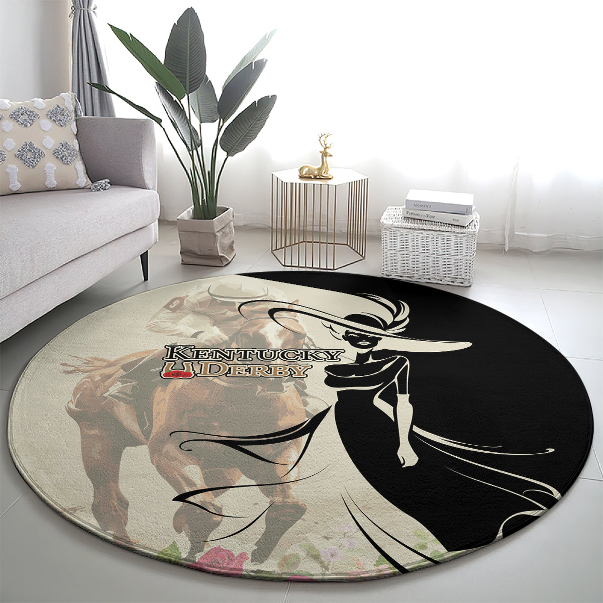 Kentucky Racing Horses Derby Hat Girl Round Carpet Beige Color