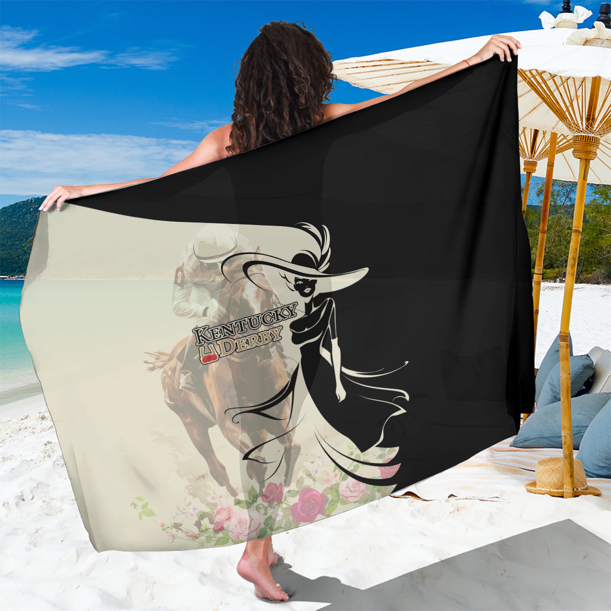 Kentucky Racing Horses Derby Hat Girl Sarong Beige Color - Wonder Print Shop