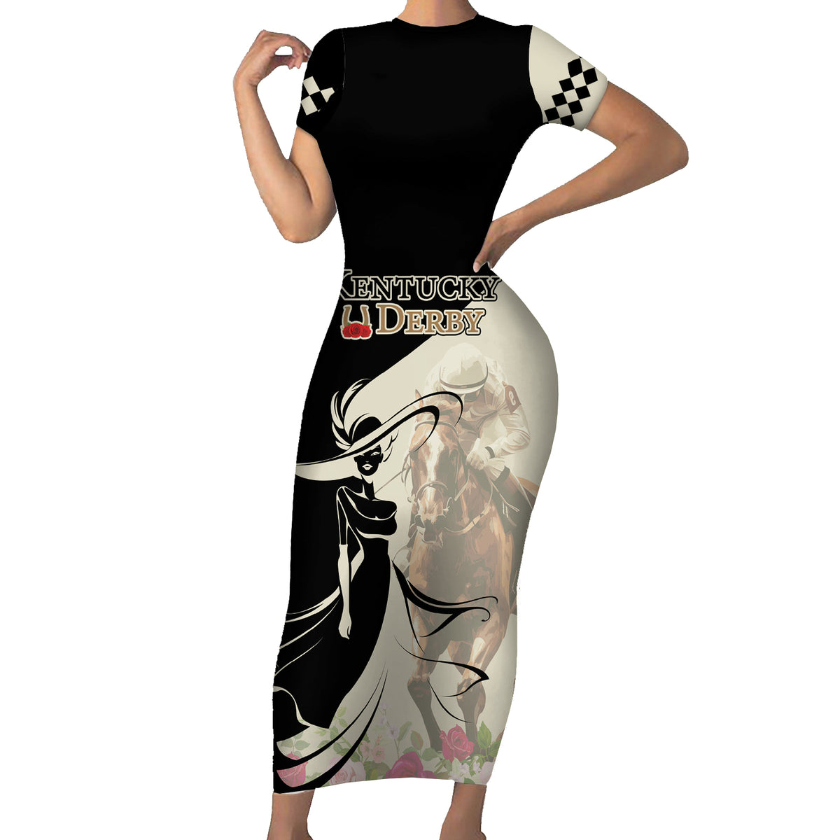 Kentucky Racing Horses Derby Hat Girl Short Sleeve Bodycon Dress Beige Color - Wonder Print Shop